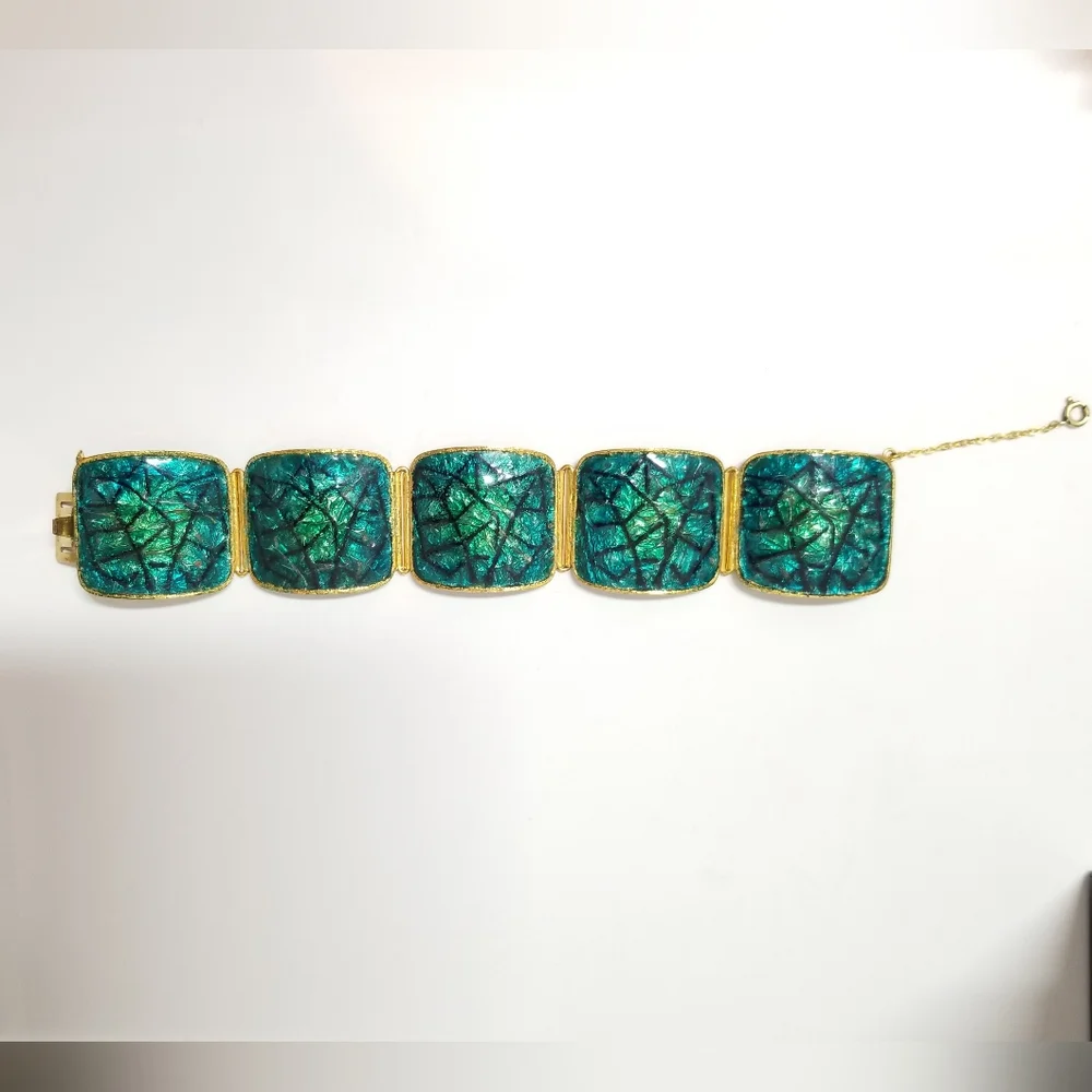 Vintage Aqua Blue and Green Enamel Square Bracelet & Earring Set Boho Chic